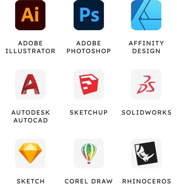 Mreža kompatibilnih softvera sa Beam Studio: Adobe Illustrator, Adobe Photoshop, Affinity Design, Autodesk AutoCAD, SketchUp, SolidWorks, Sketch, Corel Draw, Rhinoceros