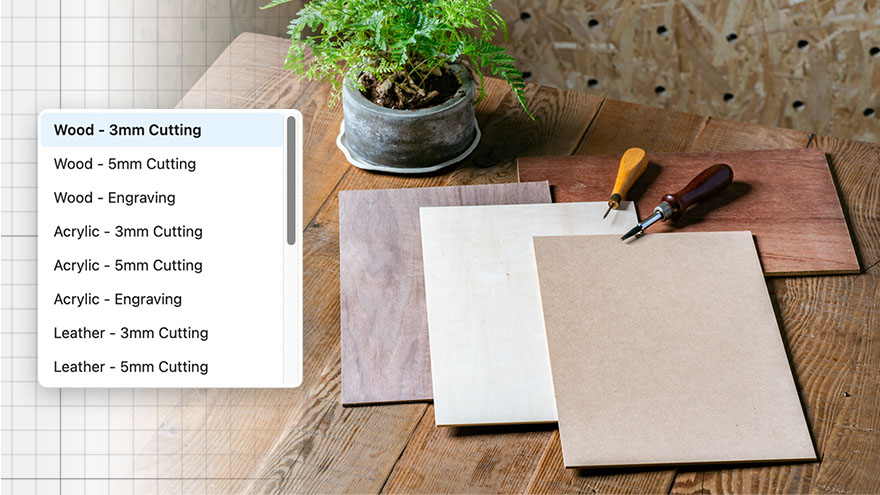 Unapred definisani parametri materijala u Beam Studio